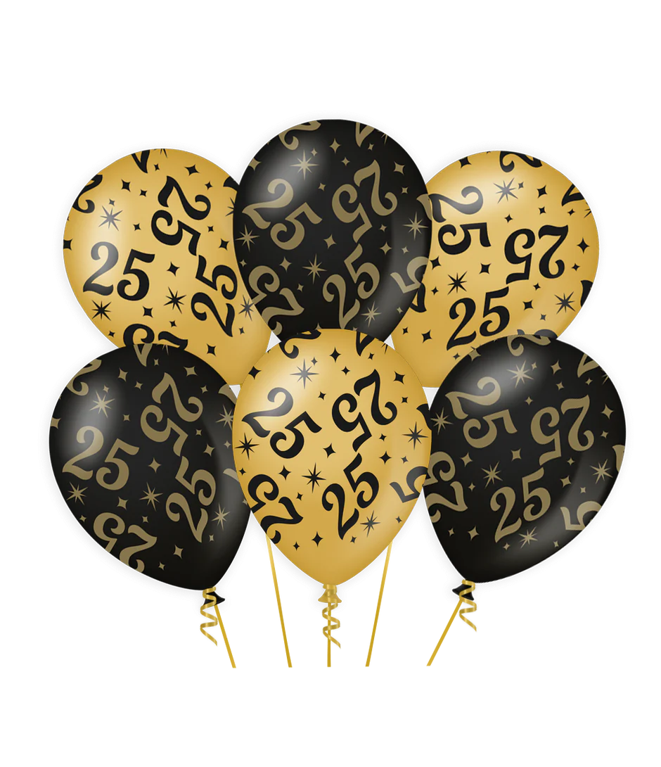 Ballonnen 25 Jaar Zwart Goud 6st