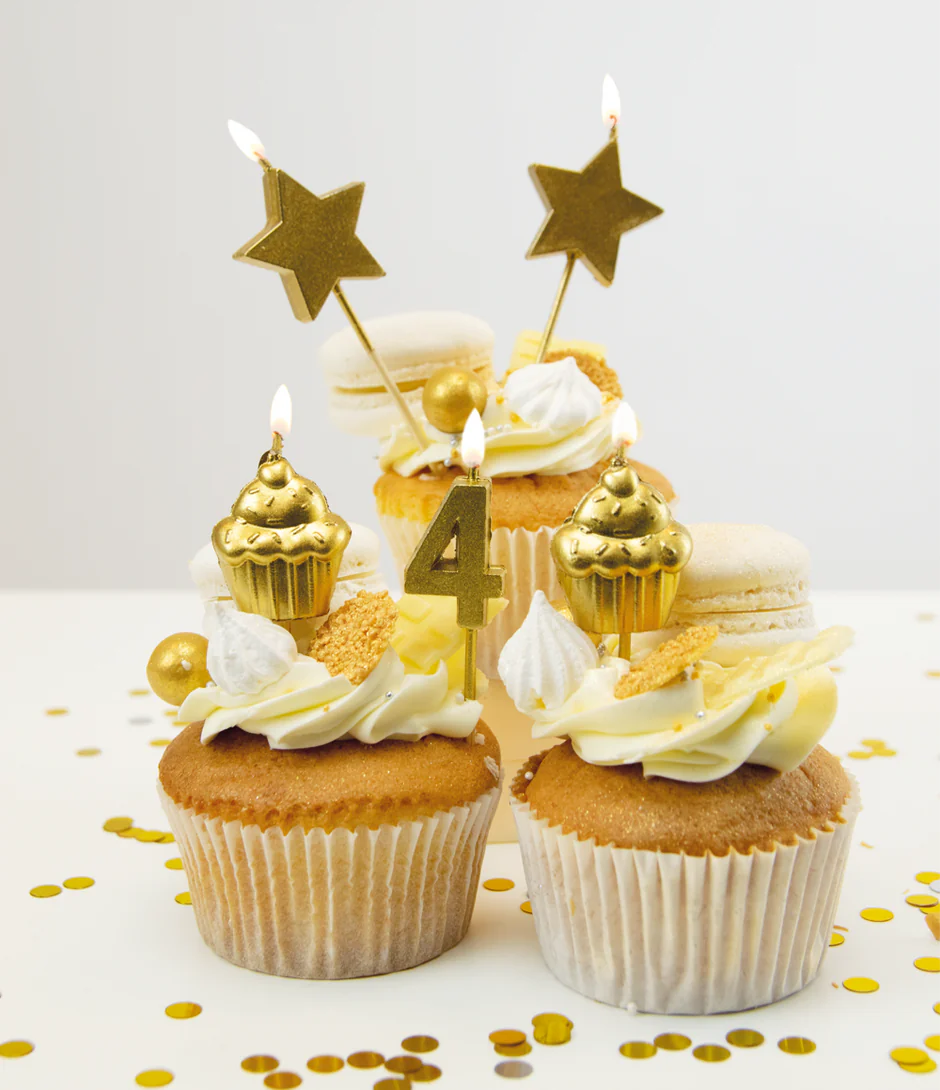 Kaarsjes 4 Jaar Cupcake Goud