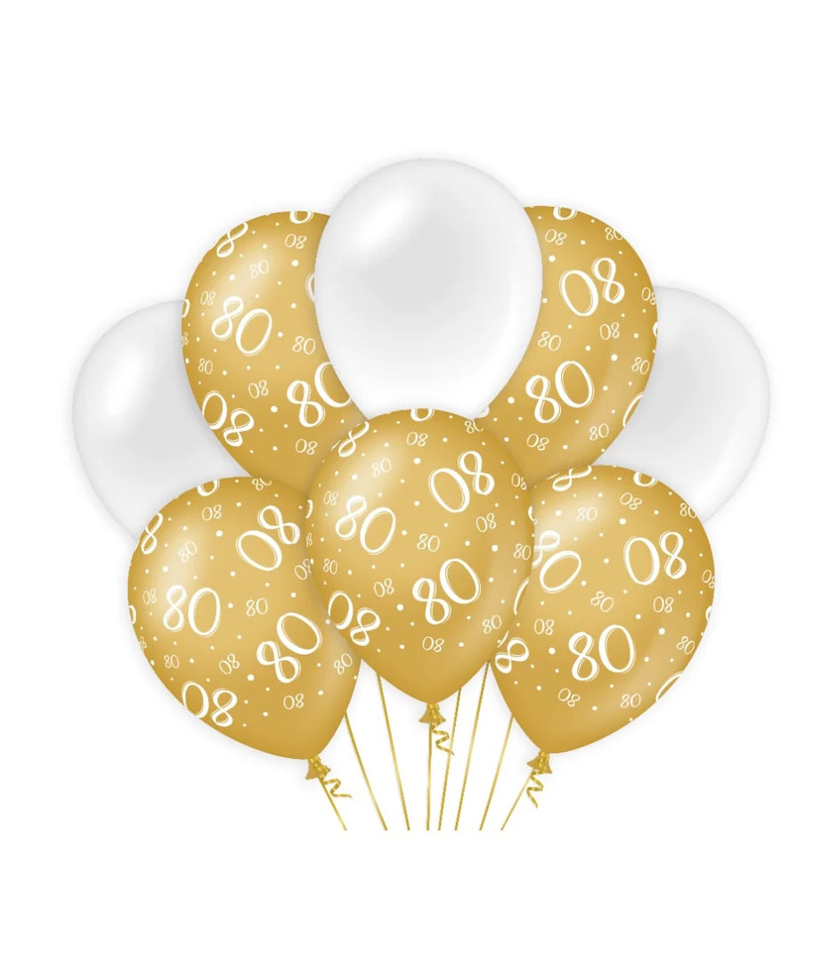 Ballonnen 80 Jaar Wit Goud 8st