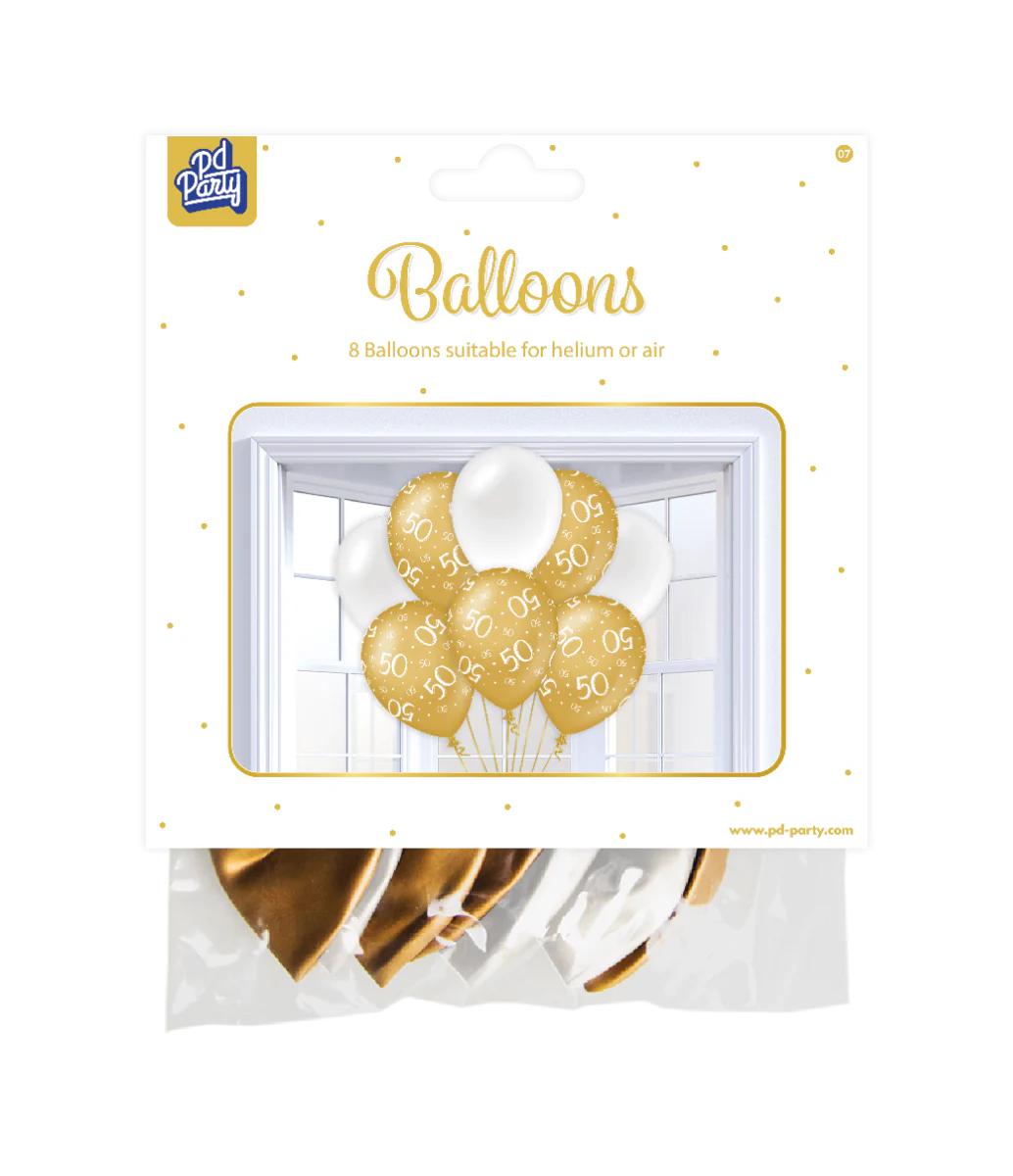 Ballonnen 50 Jaar Goud Wit 30cm 8st