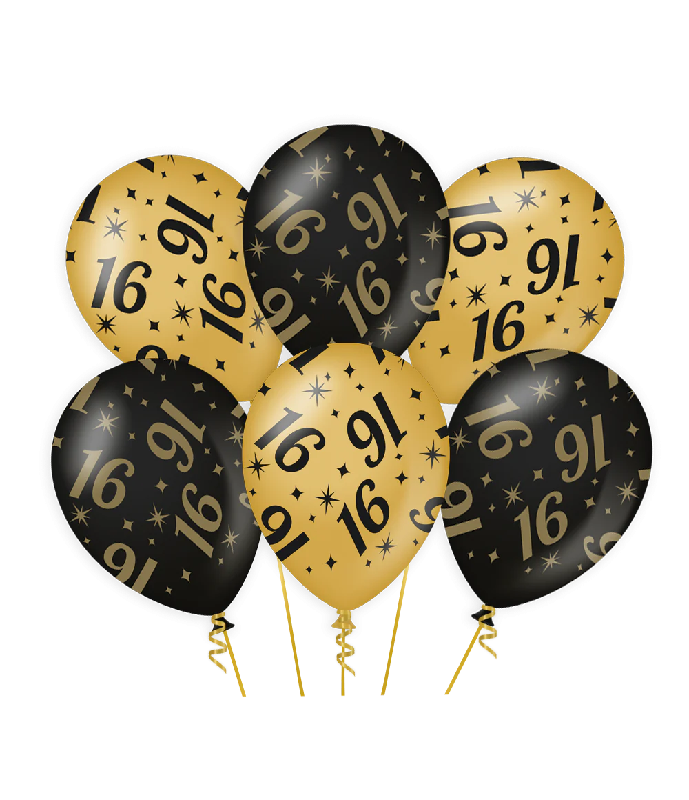 Ballonnen 16 Jaar Goud Zwart 30cm 6st