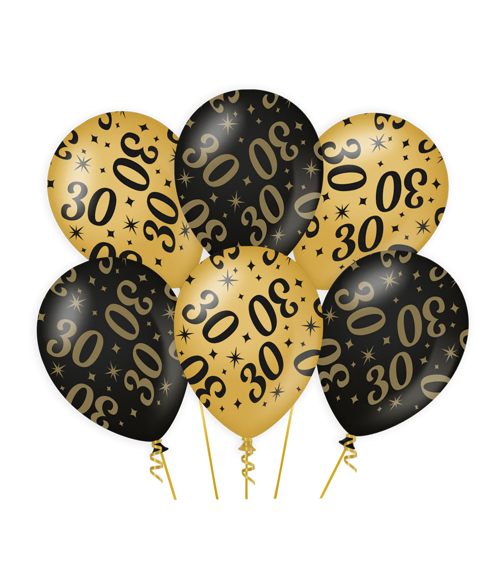 Ballonnen 30 Jaar Goud Zwart 30cm 6st